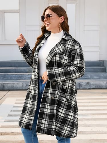 Women Plus Size Double Breasted Wool Pea Coat Notch Lapel Trench Coats Mid Long Winter Outerwear with Belt