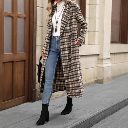 Women's Plaid Double Breasted Wool Overcoat Notch Lapel Mid Long Peacoat Winter Trench Coat
