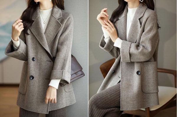 Women Wool Coat Peacoat Jacket Thick Loose Double Breasted Pea Coat Woolen Winter Overcoat