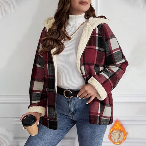Plus Size Winter Coats for Women Plaid Sherpa Lined Zip Up Jacket with Hood Oversized Hoodie Outerwear with Pockets