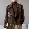 Women Cropped Wool Coats Warm Pea Coat Notched Lapel Open Front Trench Overcoat Jackets with Pockets