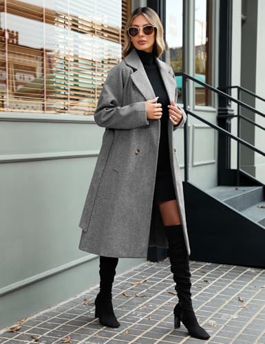 Women's Elegant Pea Coat Lapel Collar Double Breasted Trench Jacket Fall Slim Long Outerwear with Belt Pockets