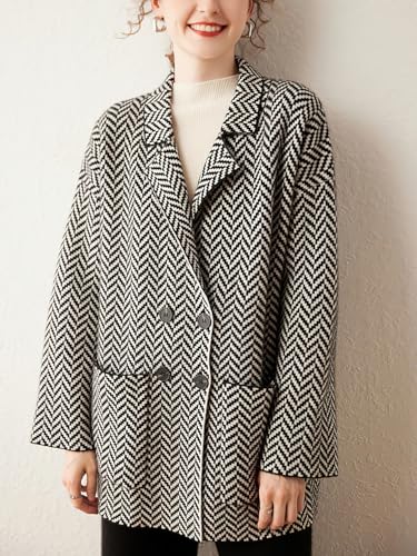 Women's Winter Herringbone Striped Notch Lapel Wool Trench Coat Double Breasted Peacoat