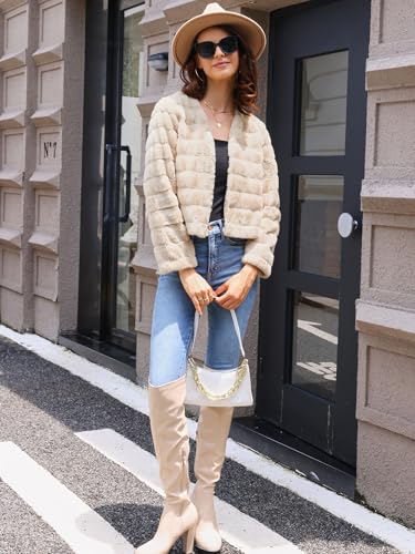 Women's Faux Fur Coat Long Sleeve Cropped Fluffy Jacket Collarless Casual Winter Warm Outwear