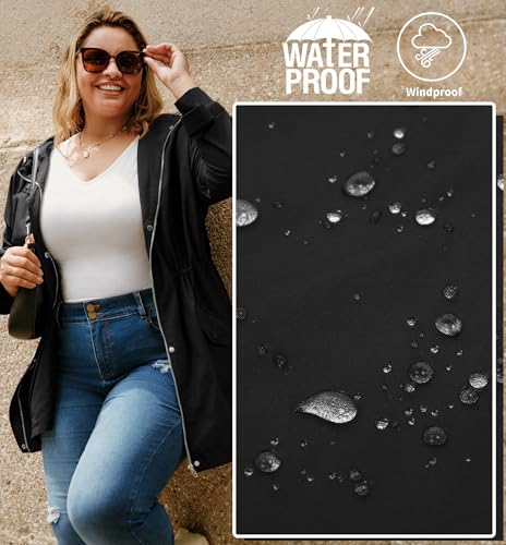 Women's Plus Size Waterproof Raincoat Lightweight Windbreaker Hooded Jacket with Pockets