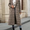 Women's Plaid Double Breasted Wool Overcoat Notch Lapel Mid Long Peacoat Winter Trench Coat