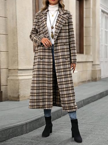 Women's Plaid Double Breasted Wool Overcoat Notch Lapel Mid Long Peacoat Winter Trench Coat