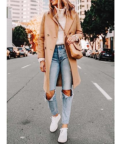 Women's Double Breasted Peacoat Wool Notched Lapel Trench Coat Winter Mid Length Long Jacket Overcoat