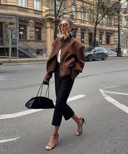 Women's Casual Single Breasted Cropped Wool Blazer Jacket Contrast Collar Wool Blend Short Pea Coat Overcoat