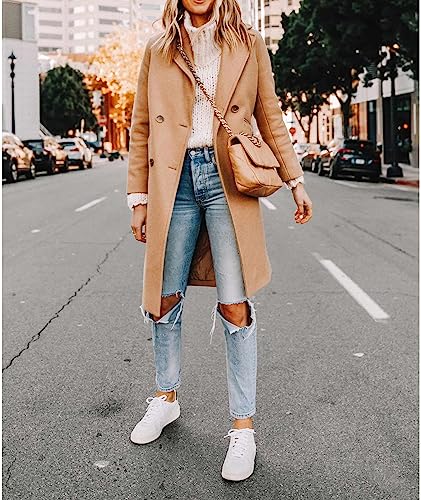 Women's Double Breasted Peacoat Wool Notched Lapel Trench Coat Winter Mid Length Long Jacket Overcoat