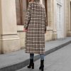 Women's Plaid Double Breasted Wool Overcoat Notch Lapel Mid Long Peacoat Winter Trench Coat