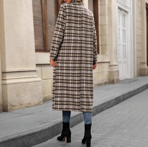 Women's Plaid Double Breasted Wool Overcoat Notch Lapel Mid Long Peacoat Winter Trench Coat