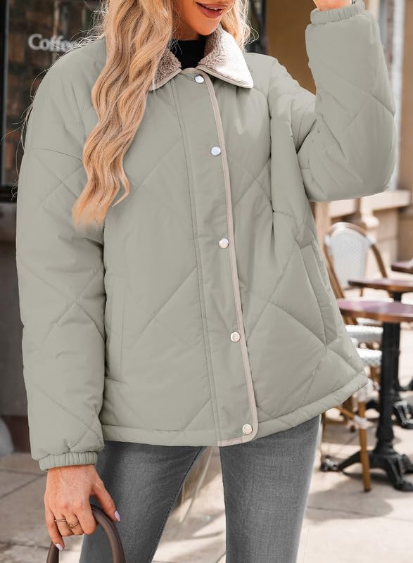 Women's Winter Casual Quilted Jackets Long Sleeve Button Down Puffer Jacket Padded Outerwear Coats