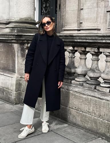 Womens Long Pea Coat Notch Lapel Double Breasted Trench Coat Fall Winter Overcoat Long Jacket