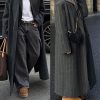 Womens Long Wool Pea Coat Business Casual Striped Trench Coat Winter Warm Notched Lapel Overcoat