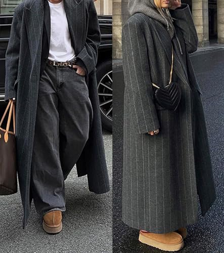 Womens Long Wool Pea Coat Business Casual Striped Trench Coat Winter Warm Notched Lapel Overcoat