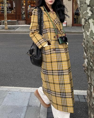 Women's Plaid Wool Coat Notch Lapel Overcoat Winter Long Trench Coat Double Breasted Pea Coat