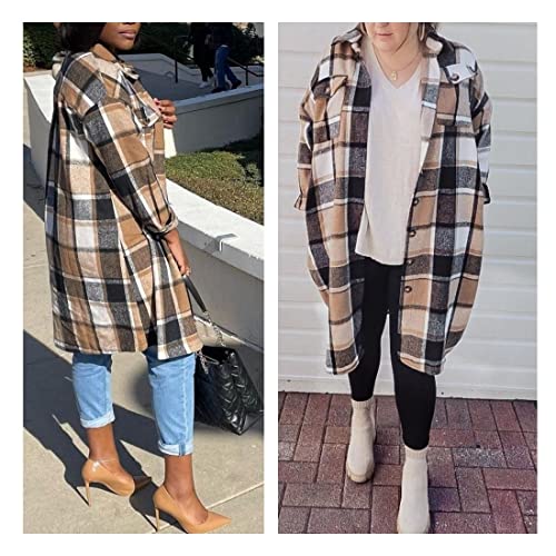 Women’s Long Plaid Shacket Wool Blend Button Down Shirt Jacket Coat with Pockets