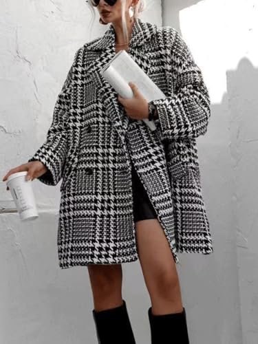Womens Oversized Blazed Collar Double Breasted Overcoat Thick Plaid Pea Coat Jacket Long Trench Coat