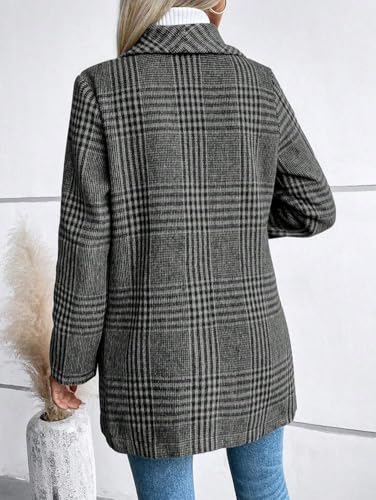 Women's Vintage Plaid Blazer Wool Coat Elegant Shawl Collar Wool Blend Trench Pea Coat
