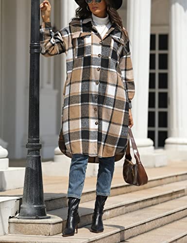 Women’s Long Plaid Shacket Wool Blend Button Down Shirt Jacket Coat with Pockets