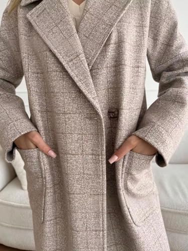 Women Long Winter Plaid Wool Coat Double Breast Trench Pea Coat Overcoat with Belt