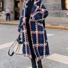 Women's Tweed Double Breasted Wool Coat Plaid Notch Lapel Mid Long Peacoat Winter Trench Coat