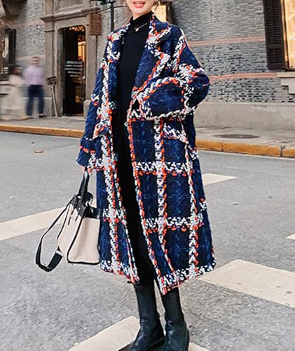 Women's Tweed Double Breasted Wool Coat Plaid Notch Lapel Mid Long Peacoat Winter Trench Coat