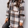 Womens Plaid Shacket Brushed Flannel Shirt Jacket Mid Long Wool Blend Tartan Coat