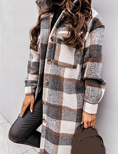 Womens Plaid Shacket Brushed Flannel Shirt Jacket Mid Long Wool Blend Tartan Coat