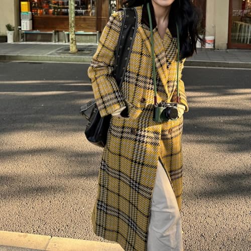 Women's Plaid Wool Coat Notch Lapel Overcoat Winter Long Trench Coat Double Breasted Pea Coat