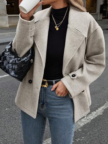 Women's Winter Loose Fit Cropped Wool Coat Double Breasted Dressy Short Blazer Jacket Peacoat