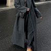 Womens Long Wool Pea Coat Business Casual Striped Trench Coat Winter Warm Notched Lapel Overcoat