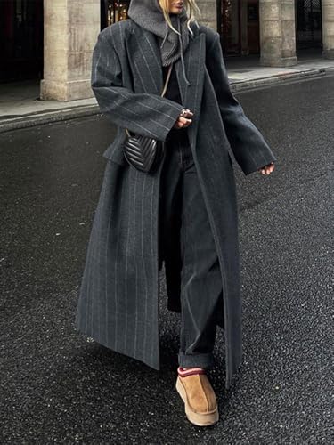 Womens Long Wool Pea Coat Business Casual Striped Trench Coat Winter Warm Notched Lapel Overcoat