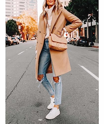 Women's Double Breasted Peacoat Wool Notched Lapel Trench Coat Winter Mid Length Long Jacket Overcoat