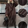 Women's Long Coat Notch Lapel Single-Breasted Jacket with Fringe Hem