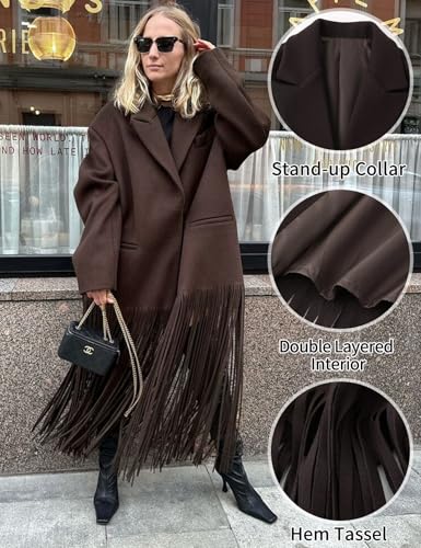 Women's Long Coat Notch Lapel Single-Breasted Jacket with Fringe Hem