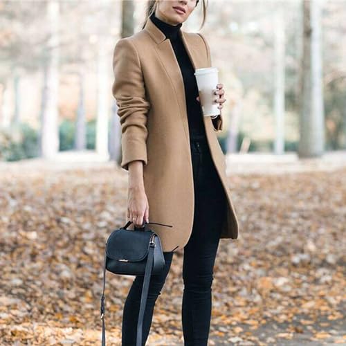 Women's Stand Collar Open Front Wool Pea Coats Fall Winter Warm Mid-Long Trench Coat Overcoat Slim Fit Jackets