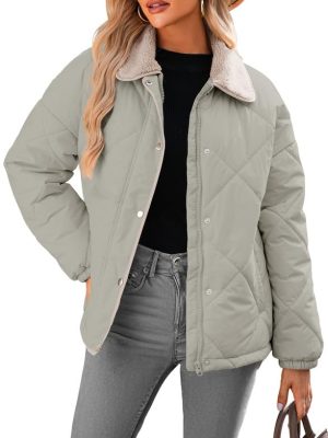 Women's Winter Casual Quilted Jackets Long Sleeve Button Down Puffer Jacket Padded Outerwear Coats