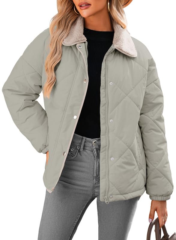 Women's Winter Casual Quilted Jackets Long Sleeve Button Down Puffer Jacket Padded Outerwear Coats