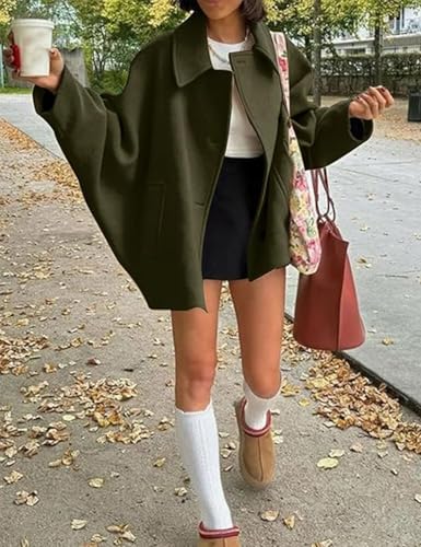 Women's Fall Single Breasted Pea Coat Long Sleeve Turndown Collar Wool Cape Blend Coat with Pockets
