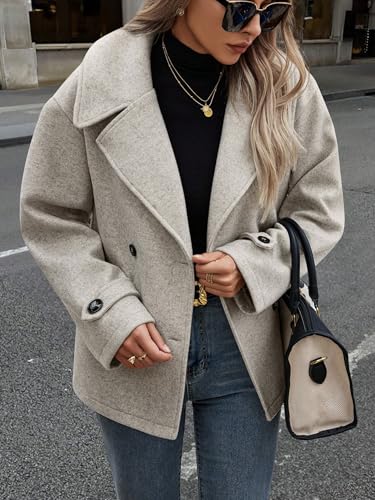 Women's Winter Loose Fit Cropped Wool Coat Double Breasted Dressy Short Blazer Jacket Peacoat