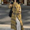 Women's Plaid Wool Coat Notch Lapel Overcoat Winter Long Trench Coat Double Breasted Pea Coat