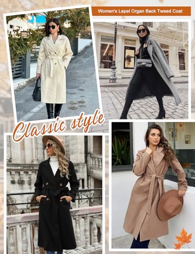 Women's Elegant Pea Coat Lapel Collar Double Breasted Trench Jacket Fall Slim Long Outerwear with Belt Pockets