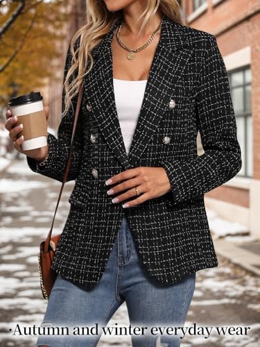 2025 Fall Women's Tweed Plaid Blazer Jacket - Fully Lined Fashion Business Casual Lapel Elegant Coat with Pockets