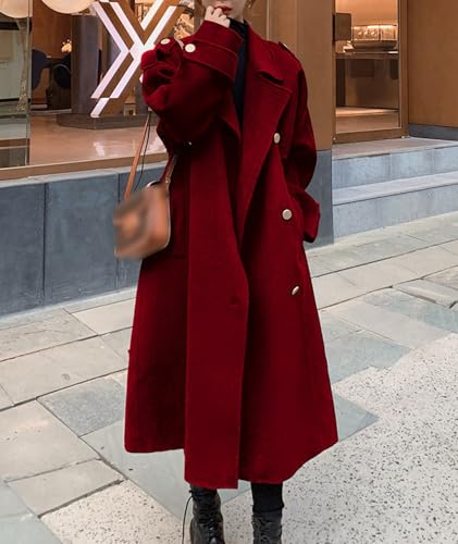 Women's Winter Trench Coat Wool Blend Double Breasted Notched Lapel Long Sleeve Jacket Pea Coat Overcoat