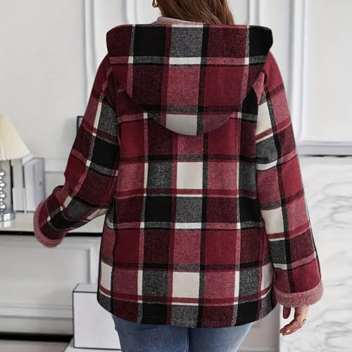 Plus Size Winter Coats for Women Plaid Sherpa Lined Zip Up Jacket with Hood Oversized Hoodie Outerwear with Pockets