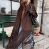 Women's Long Coat Notch Lapel Single-Breasted Jacket with Fringe Hem