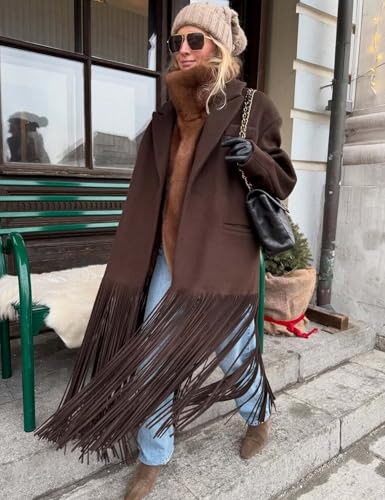 Women's Long Coat Notch Lapel Single-Breasted Jacket with Fringe Hem