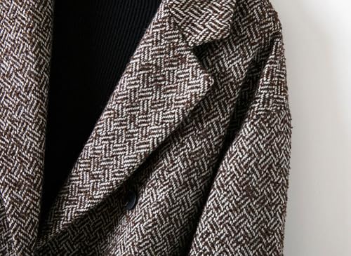 Women's Winter Herringbone Stripe Long Wool Coat Double Breasted Dressy Casual Trench Coat Overcoat